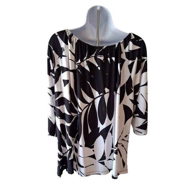 Ruby Rd Womens Tunic Top PXL Black White Leaf Print Blouse 3/4 Sleeve Lagenlook - Picture 2 of 8